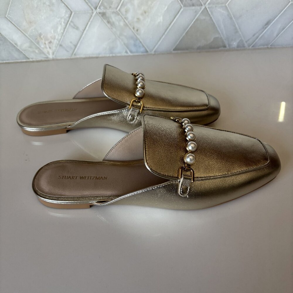 Stuart Weitzman Gold Perla Flat Mule Pearl Chain Size 8 New - Picture 5 of 10